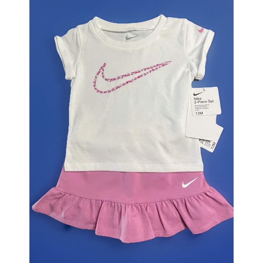 NEW Nike Baby Girl 2 Piece Top & Shorts Set White Pink DRI-FIT 12 months 12m NWT - Picture 2 of 8